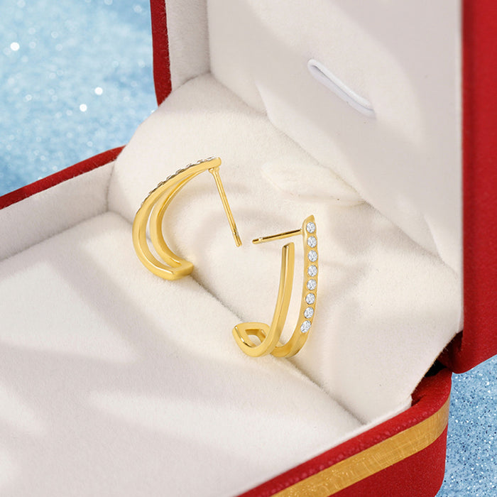 Wholesale Retro style hollow gold lines circular stainless steel earrings electroplated with diamond studded metal earrings