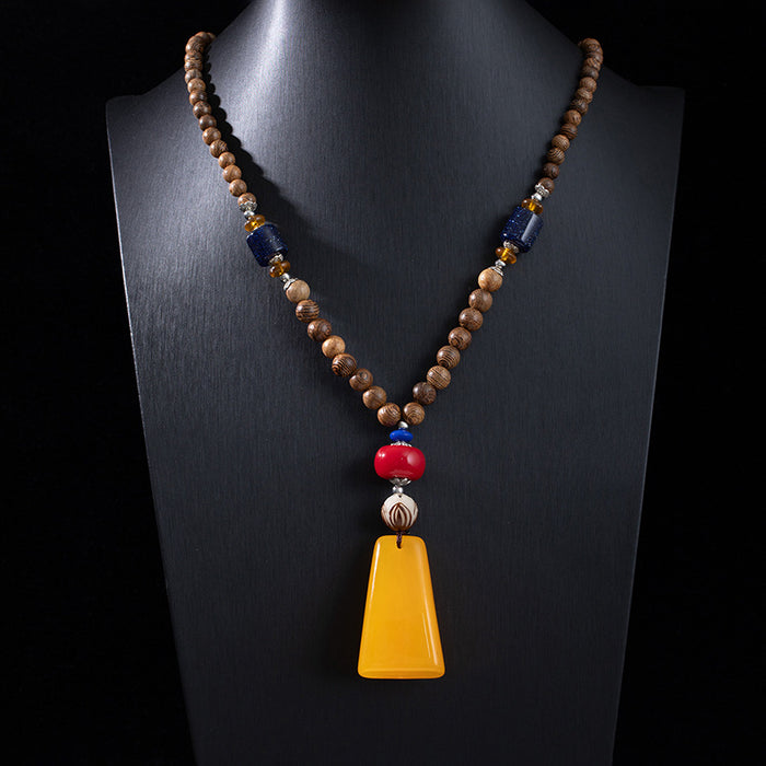 Wholesale Retro ethnic style long wooden sweater chain Bodhi pendant wooden bead necklace Tibetan cotton and linen pendant Buddhist beads necklace