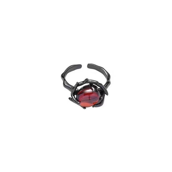 Wholesale Vintage red geometric gemstone design ring, niche personality punk hollow texture metal ring