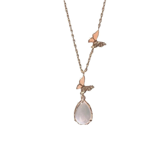 Wholesale Pure silver powder crystal droplet butterfly necklace for women, light luxury, niche, high-end design, collarbone chain