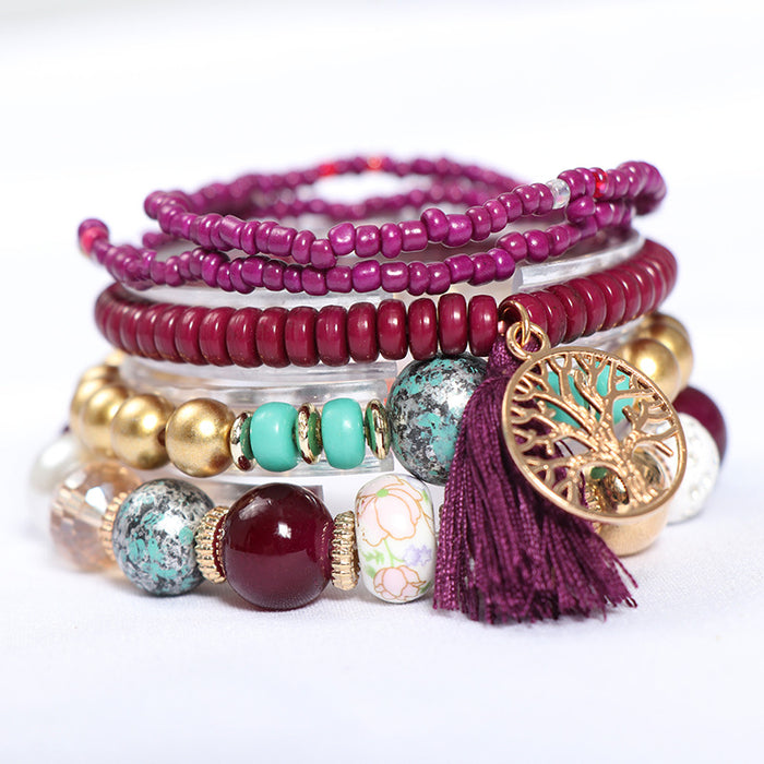 Wholesale Bohemian Tree of Life Tassel Multilayer Rice Bead Bracelet JDC-BT-NHong014