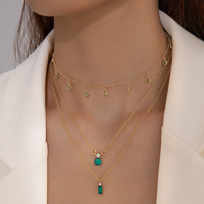 Wholesale Jewelry Color Diamond Pendant Multi-layer Necklace Geometric Imitation Gemstone Inlaid Three-layer Necklace