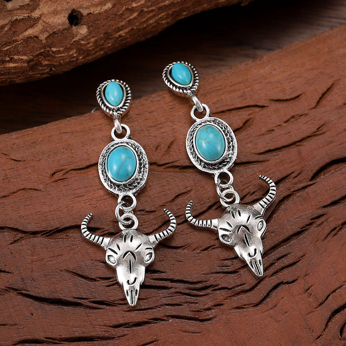 Wholesale Western cowboy retro oval metal earrings creative inlaid turquoise bull head pendant earrings