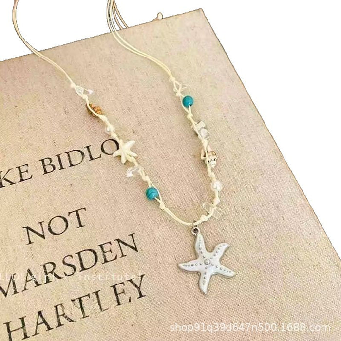 Wholesale Seaside Cute Pearl Shell Starfish Beaded Necklace Blue Plated Alloy Collarbone Chain