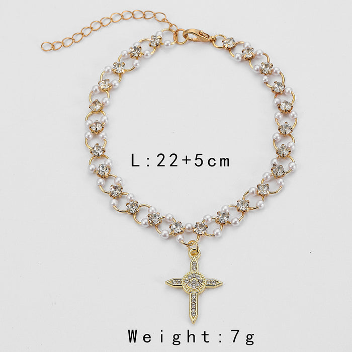 Wholesale Fashionable, versatile, personalized, trendy gold dot diamond cross ankle chain accessory