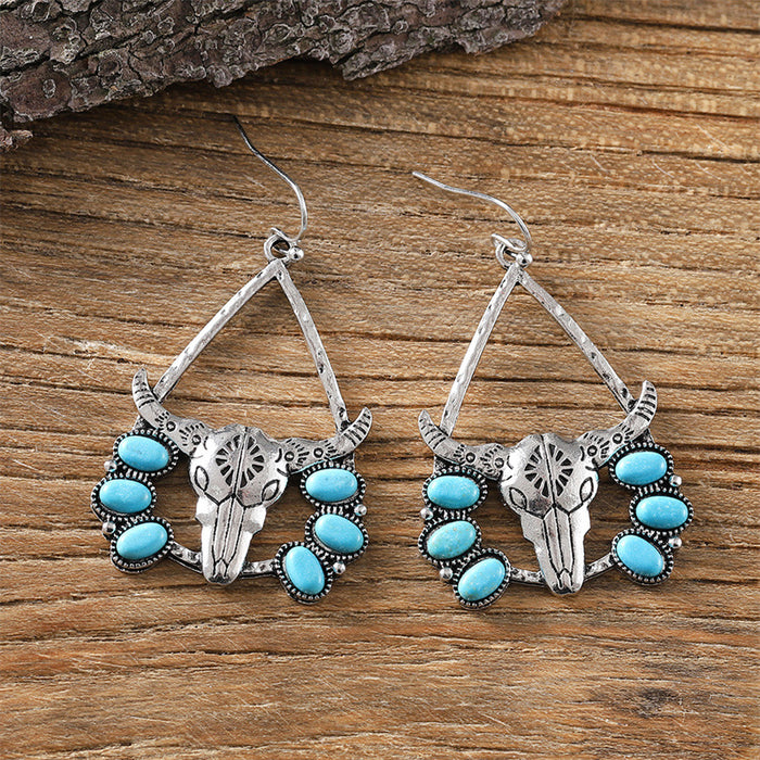 Wholesale Western style bull head tribal turquoise earrings exaggerated retro ethnic style earrings temperament earrings