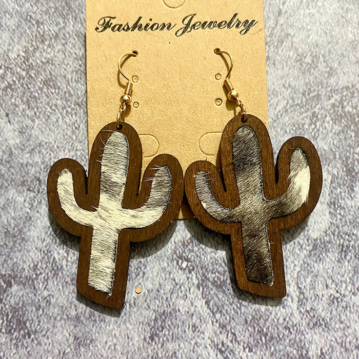 Wholesale Western genuine leather earrings vintage horsehair inlaid cactus wood earrings jewelry