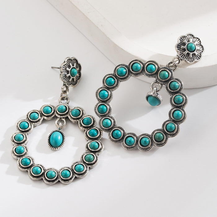 Wholesale Vintage cross-shaped openwork oval turquoise earrings
