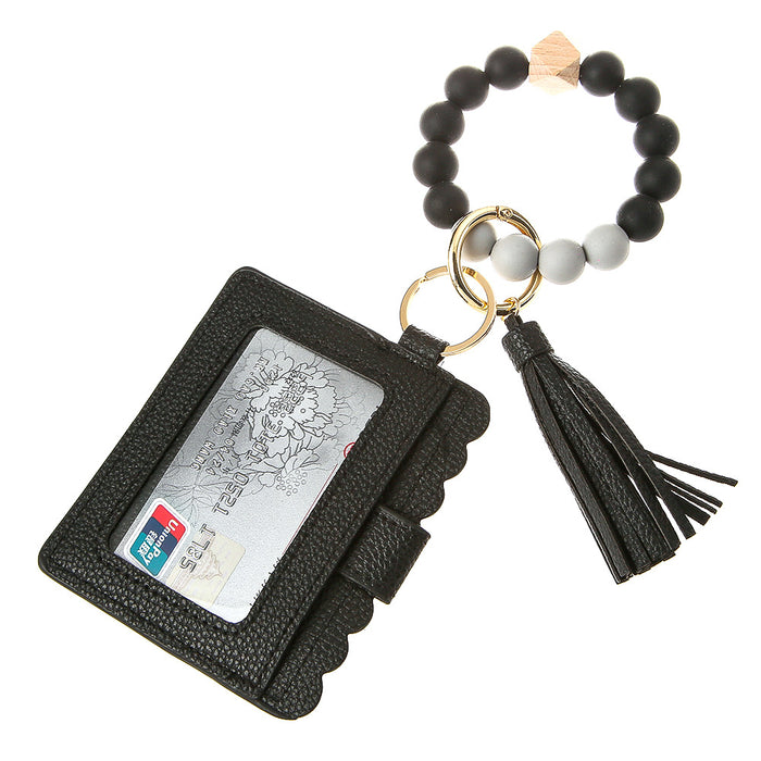 Wholesale Silicone Beads Bracelet Card Holder Leopard Print PU Leather Tassel Pendant Keychain JDC-KC-JinY010