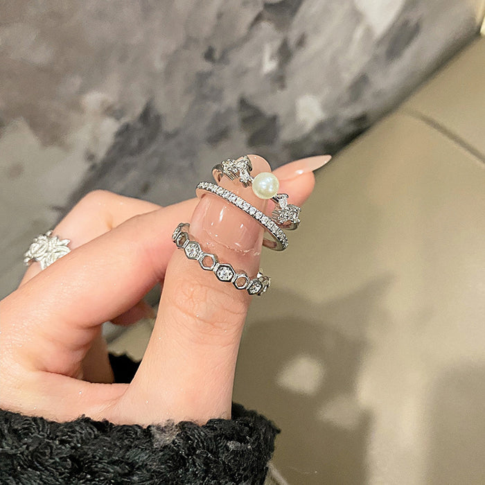 Wholesale Minimalist temperament open ring, niche design sense, double-layer round bead zircon commuting ring