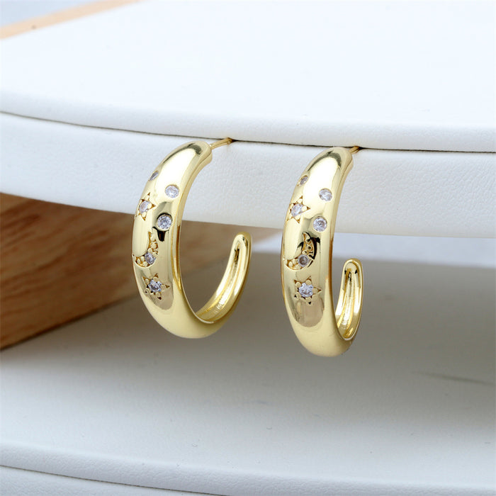 Wholesale Earrings Micro Set Zircon C Shape Star Moon Vintage Gold Plated JDC-ES-PREMTIANY002