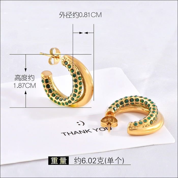 Wholesale Gold-Plated Stainless Steel Double-Layer Smooth Hoop Earrings with Diamonds