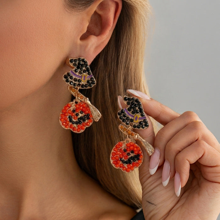 Wholesale Funny Cartoon Pumpkin Earrings Creative Graffiti Design With Pearl And Rhinestone Accents Women S Alloy Fashion Accessory
