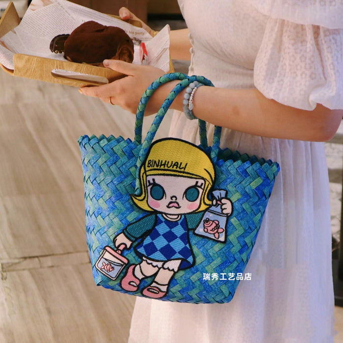 Wholesale Woven Basket Bag Shoulder Hand Bag Cute Rattan Cloth Cartoon Woven Bag