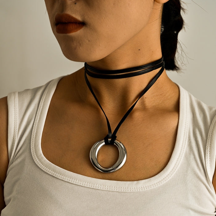 Wholesale New personalized minimalist stainless steel solid circle earrings with adjustable leather rope