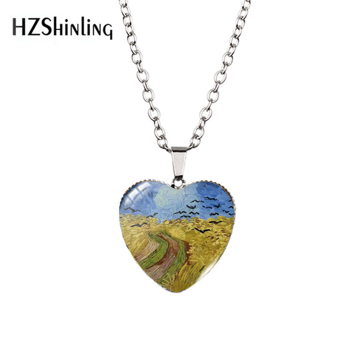 Wholesale Heart-shaped Necklace Van Gogh Starry Moon Night Sunflower Love Time Gem Pendant Sweater Chain