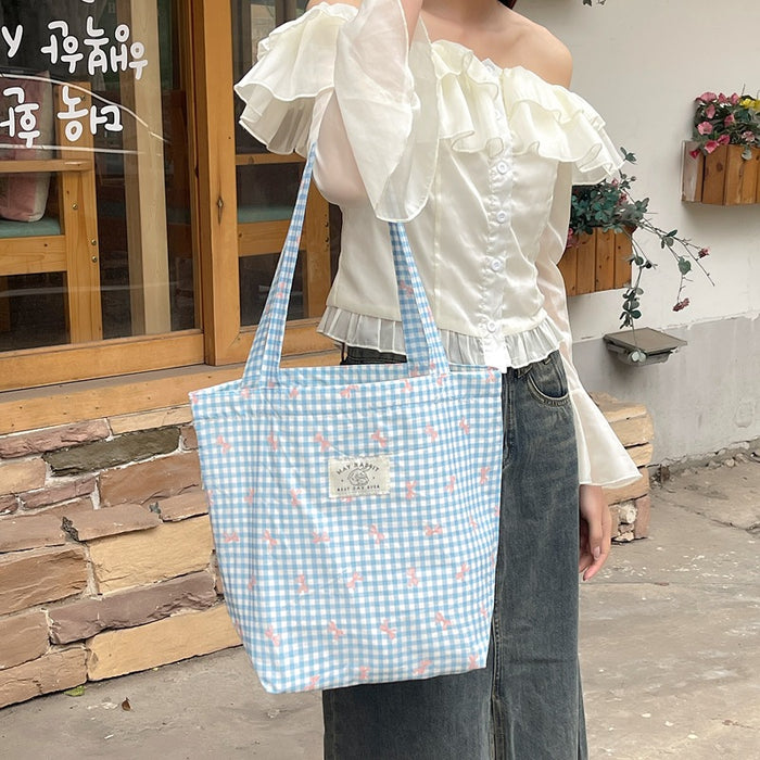 Wholesale New Checkered Bow Printed Canvas Bag Art Shoulder Bag