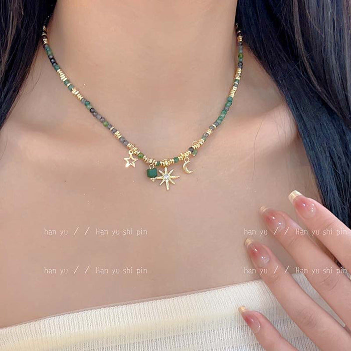 Wholesale green beaded star moon necklace versatile niche double-layer chain hot beaded