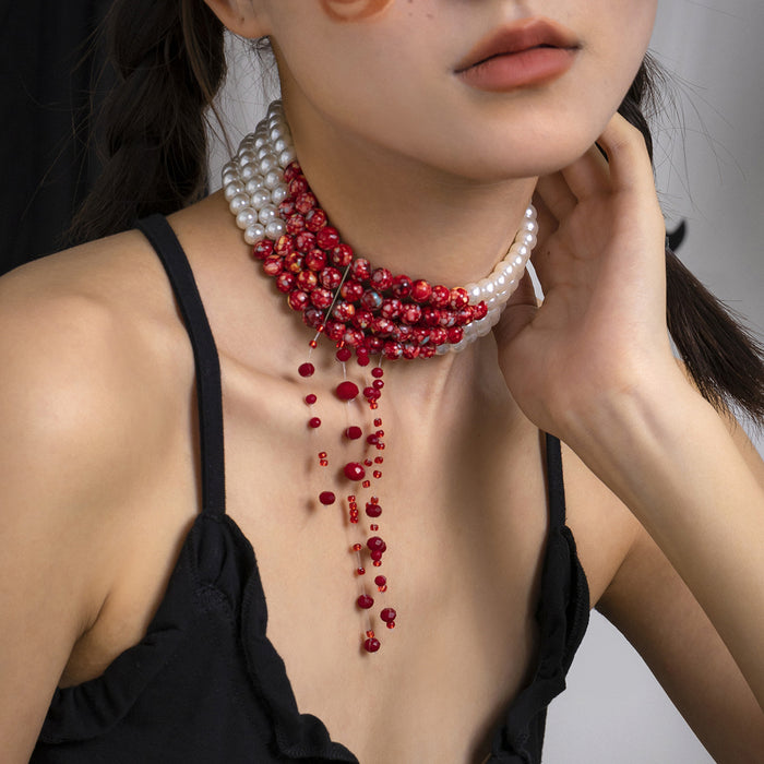 Wholesale jewelry round beads necklace vintage gothic style blood drop tassel imitation pearl necklace