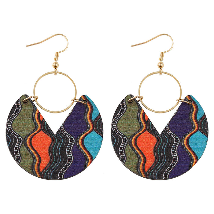 Wholesale Blue dyed printed earrings Bohemian earrings double-sided wooden geometric stripes splicing female earrings