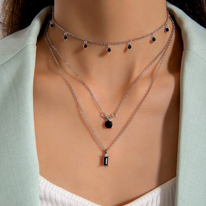 Wholesale Jewelry Color Diamond Pendant Multi-layer Necklace Geometric Imitation Gemstone Inlaid Three-layer Necklace