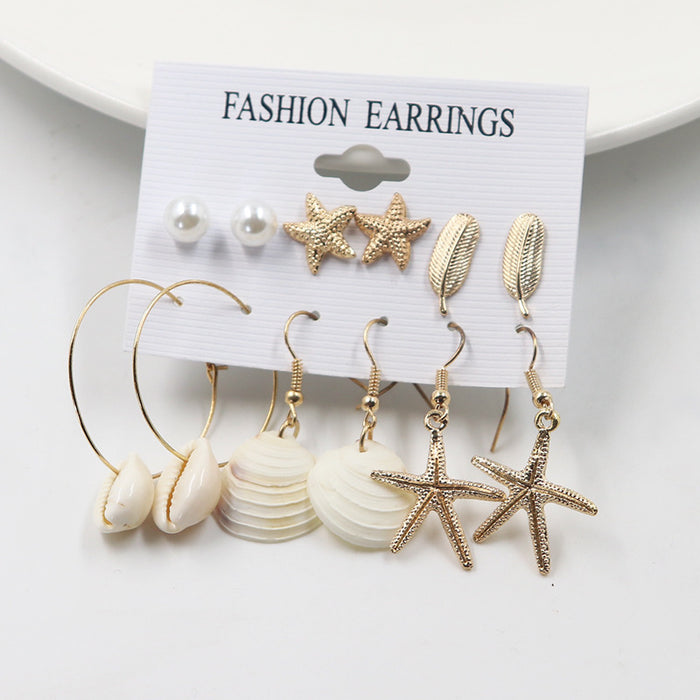 Wholesale New starfish earring set, simple beach style, shell pearl 6-piece set