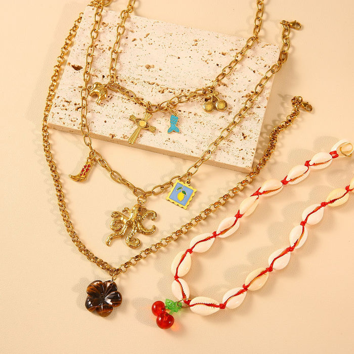 Wholesale Original design ocean style shell necklace paired with stainless steel chain, oil dripping pendant, collarbone chain