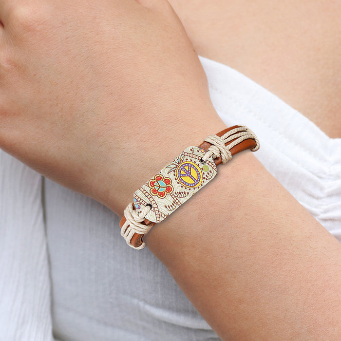 Wholesale Leather Ethnic Style Heat Transfer and Peace Symbol Totem Color Bracelet JDC-BT-QiN018