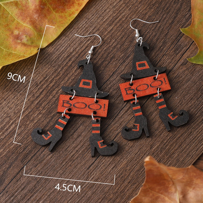 Wholesale  Gothic Wind Witch Hat Boots Triple ing Pendant Wooden Double-sided Earrings