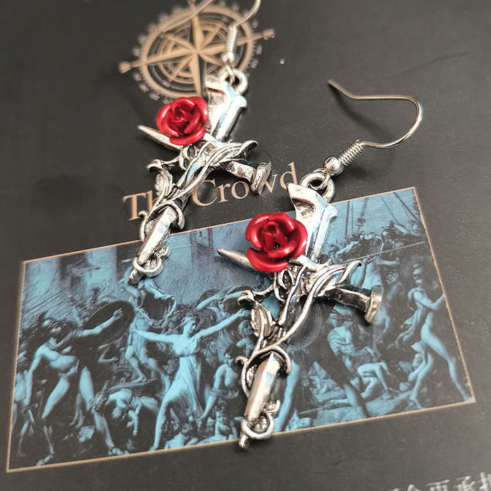 Wholesale Vintage Dark Gothic Alloy Rose Flower Cross Earrings JDC-NS-FuSu006