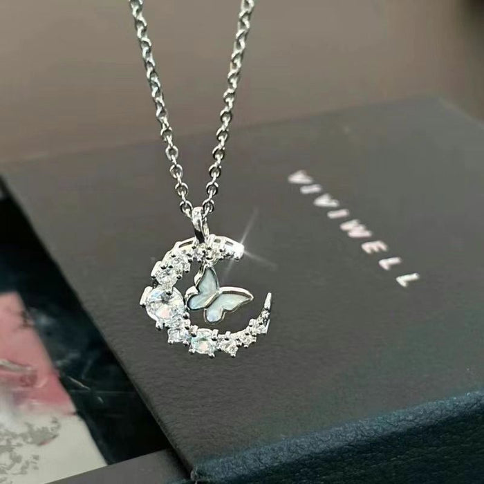 Wholesale Stylish Moon Diamond Butterfly Necklace Alloy Ball Chain Jewelry Accessory