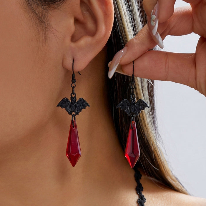 Wholesale Gothic Bat Wing Necklace and Earring Set Black Red Rhinestone Vintage Metal Chain