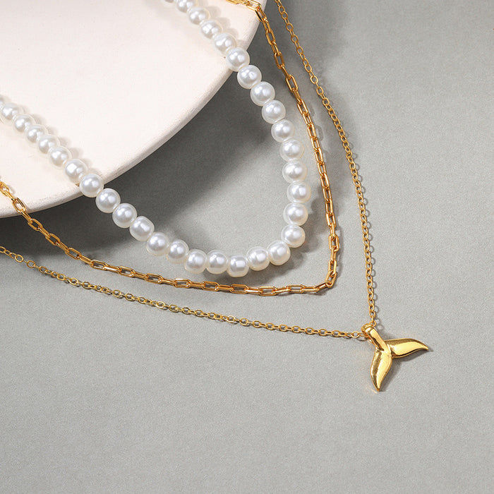 Wholesale Luxury Pearl Multi layer Stacked Necklace Versatile High end Fishtail Chain Pendant