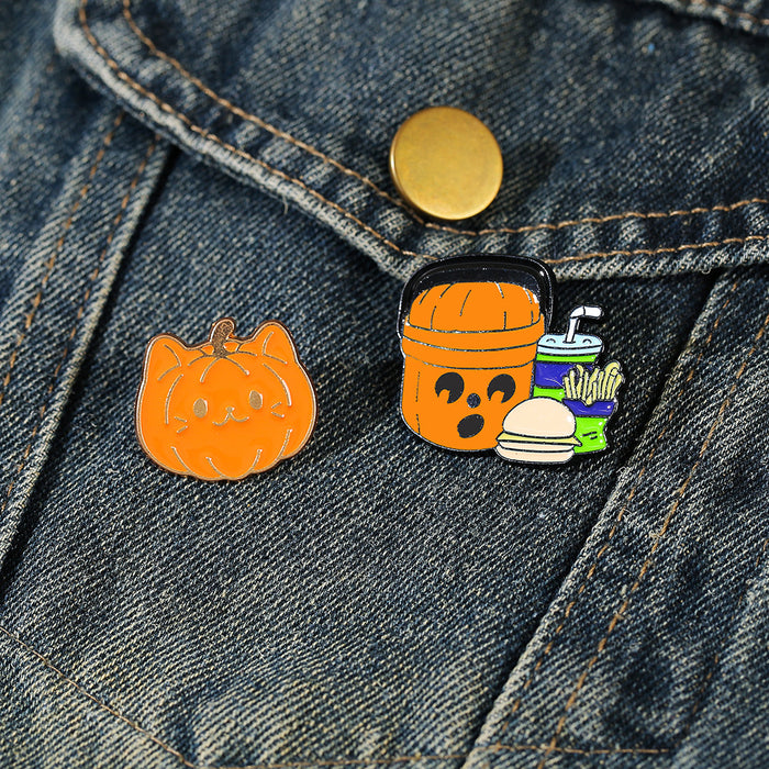 Wholesale  Cat Brooch With Pumpkin And Fries Metal Funny Animal Pin Trendy Jewelry Accessory For Gift And Boutique Resale