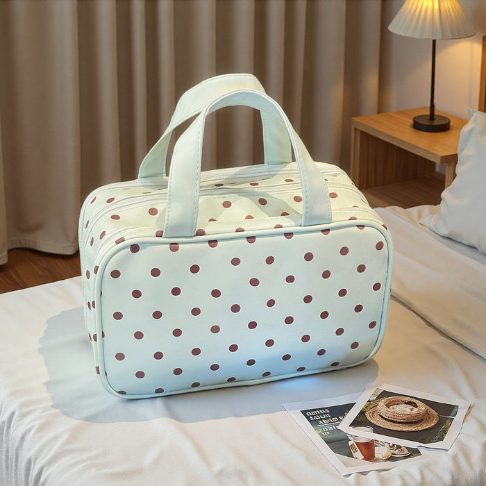Wholesale Mint Green Polka Dot Cosmetic Bag Three Layer Large Capacity PU Travel Storage Pouch