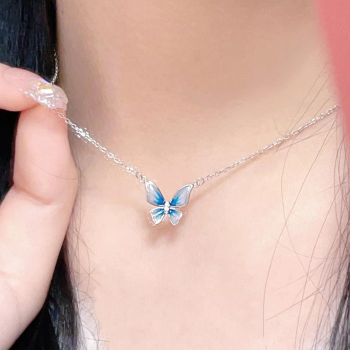 Wholesale Gradient blue butterfly necklace, niche, light luxury, high-end design, collarbone chain