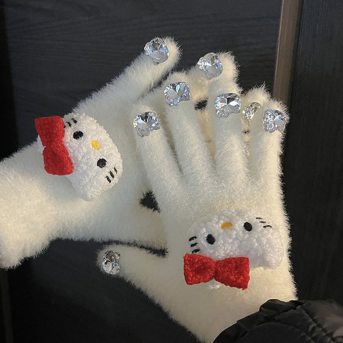 Wholesale Cute Diamond Gloves women' s winter warm glutinous  plush gloves thickened warm student Five Finger Set