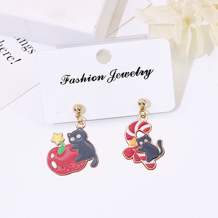 Wholesale Metal Alloy Christmas Earrings Cute Black Cat Design Party Gift for Women MOQ≥2