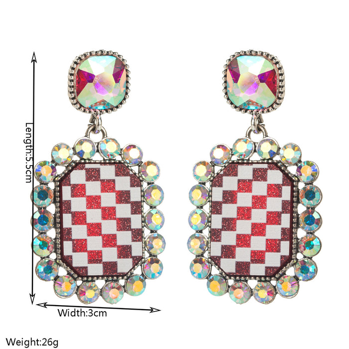 Wholesale Rhinestone-studded checkered alloy square stud earrings