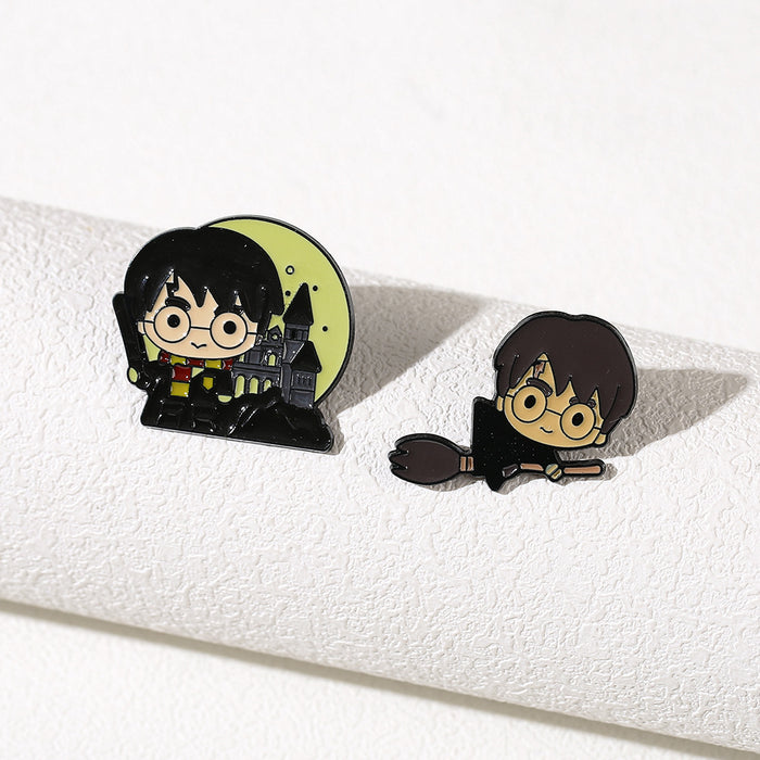 Wholesale Trendy Cute Cartoon Magic Character Riding Broom Metal Brooch Pin Stylish Jewelry Accessory