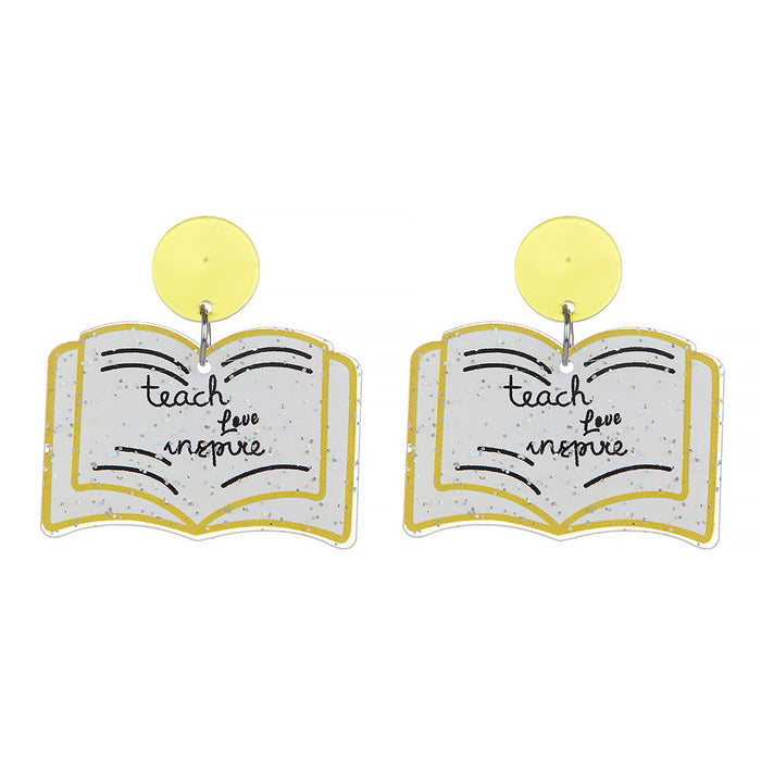 Wholesale Teacher' s Day Pencils,  Apples,  Books,  Cartoon Contrasting Letters Earrings,  Small Fresh Stylish