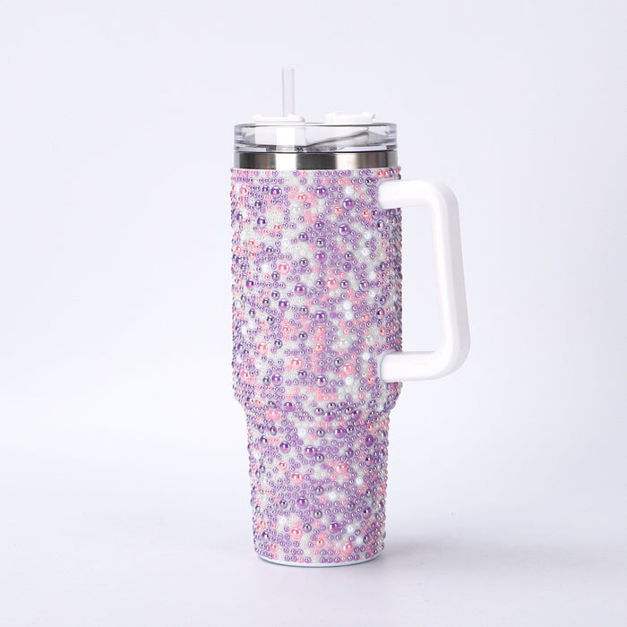 Wholesale Stainless steel pearl insulation cup,  large capacity,  pearl inlaid car cup,  40oz handle,  straw sticker,  diamond ice cup