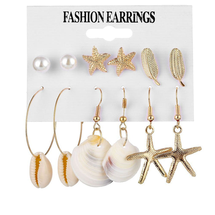 Wholesale New starfish earring set, simple beach style, shell pearl 6-piece set