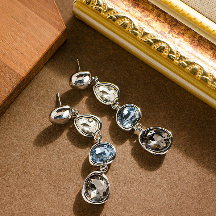 Wholesale Fashionable and exquisite vacation style colorful crystal gemstone tassel earrings with high-end feel, long silver needle earrings