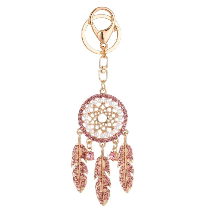 Wholesale Pink Dream Catcher Keychain Rhinestone Tassel Feather Zinc Alloy Chic Gift MOQ≥12