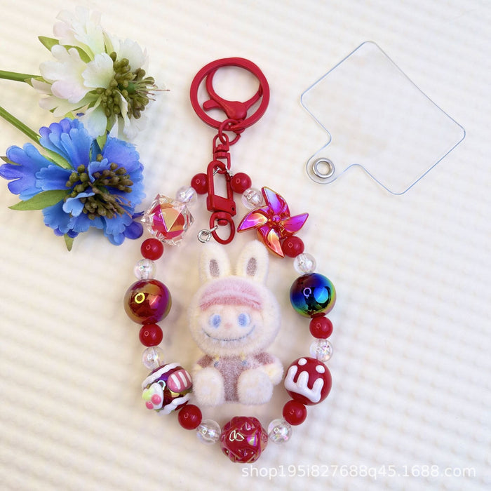 Wholesale Flocked kitten fun girly colorful beaded mobile phone chain keychain bag doll pendant accessories