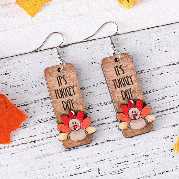 Wholesale Thanksgiving Funny Turkey Pendant Earrings Wooden Autumn Harvest Thanksgiving Double-Sided Earrings Gift