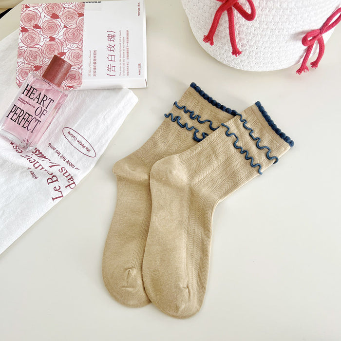 Wholesale Sock tube mesh breathable college style contrasting color lace pile sock cotton