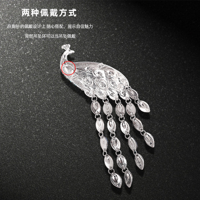Wholesale Diamond-encrusted Retro large long-tail crystal peacock tassel brooch sweater jewelry