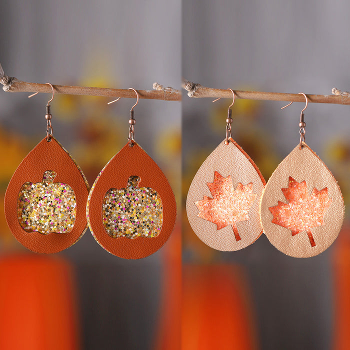 Wholesale Autumn Thanksgiving Maple Leaf Pumpkin Multi-layer PU Pendant Earrings